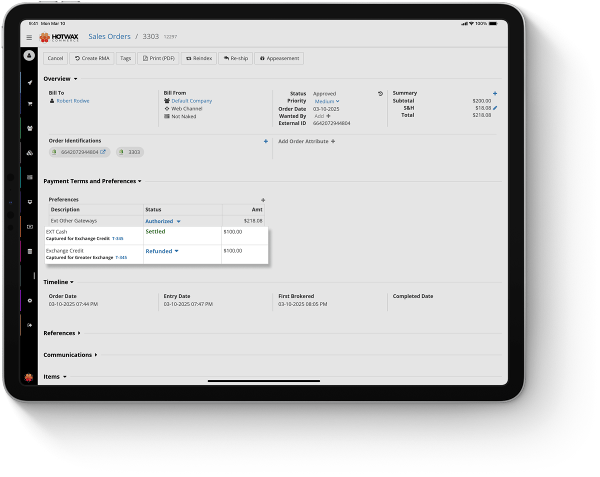 Returns, exchanges, and payments tracked on an order, in the HotWax Commerce March 2025 release