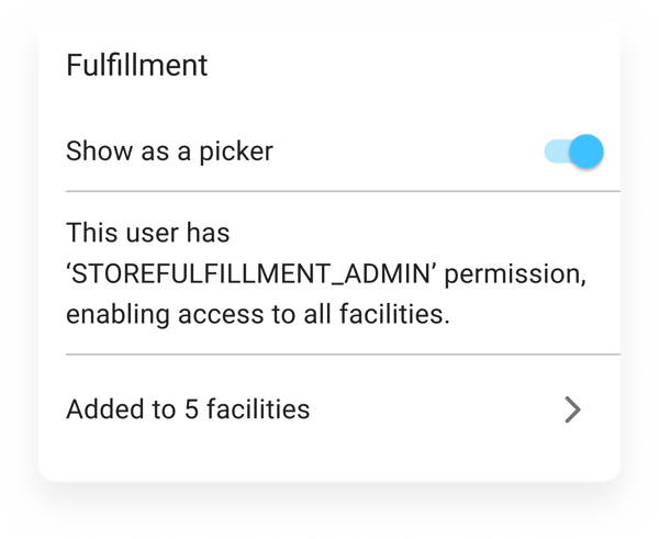 Fulfillment user profile showing facility association and picker status, in the HotWax Commerce September 2025 release