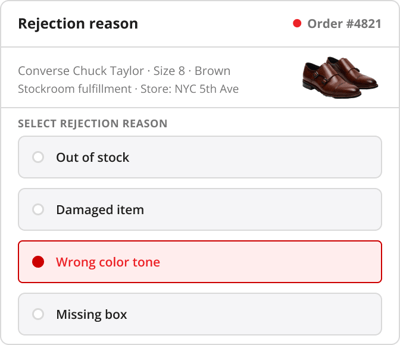 HotWax Commerce configurable store rejection reasons for footwear such as display pair, damaged box, or trial wear