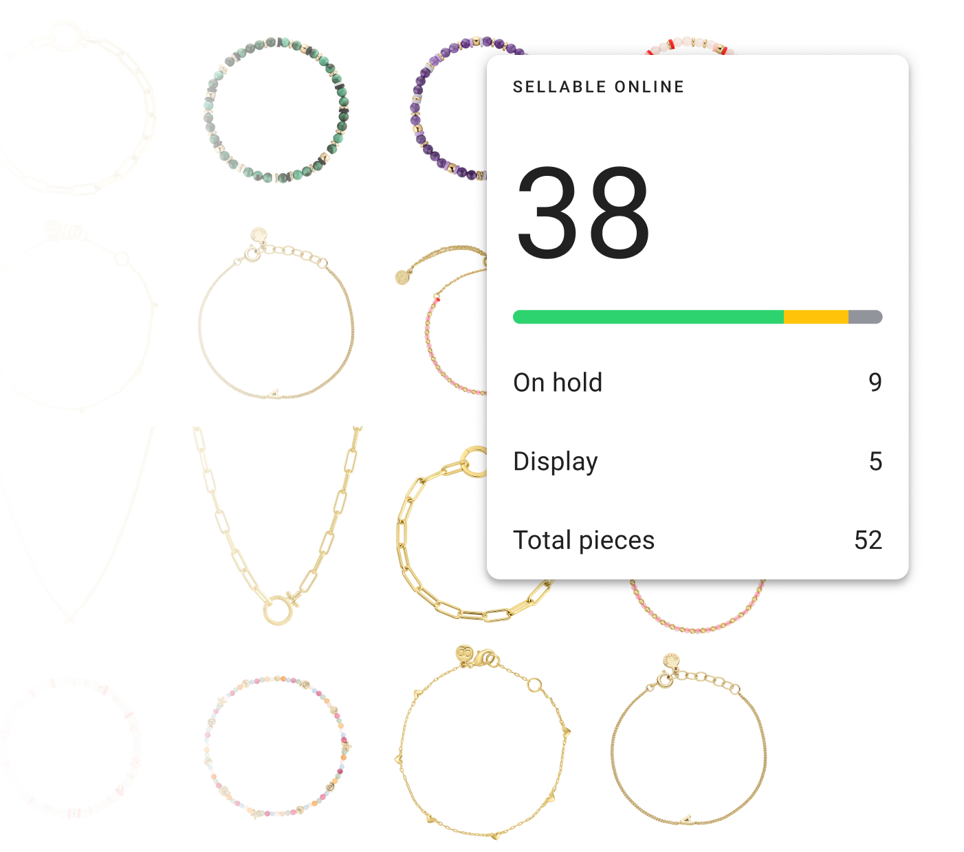 HotWax Commerce jewelry availability card showing sellable, on hold, and display piece counts over a bracelet collection