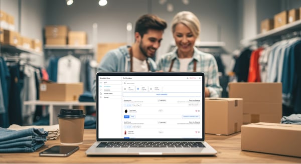 Store fulfillment workspace with a laptop showing packing screen, boxes, and store staff preparing shipments in the background