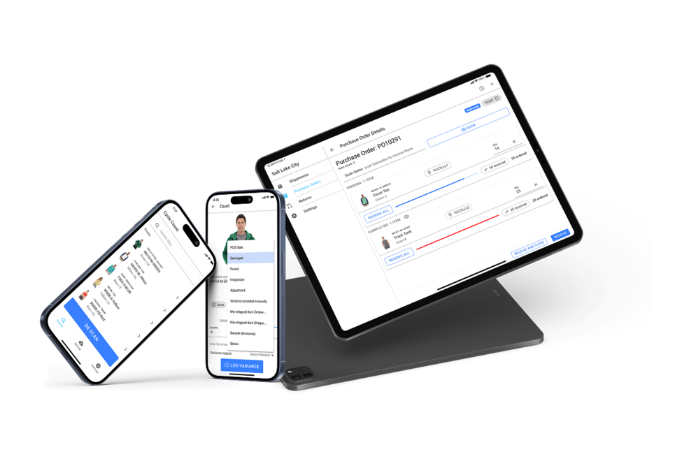 Store inventory management screens for receiving POs, counting stock, and logging variances