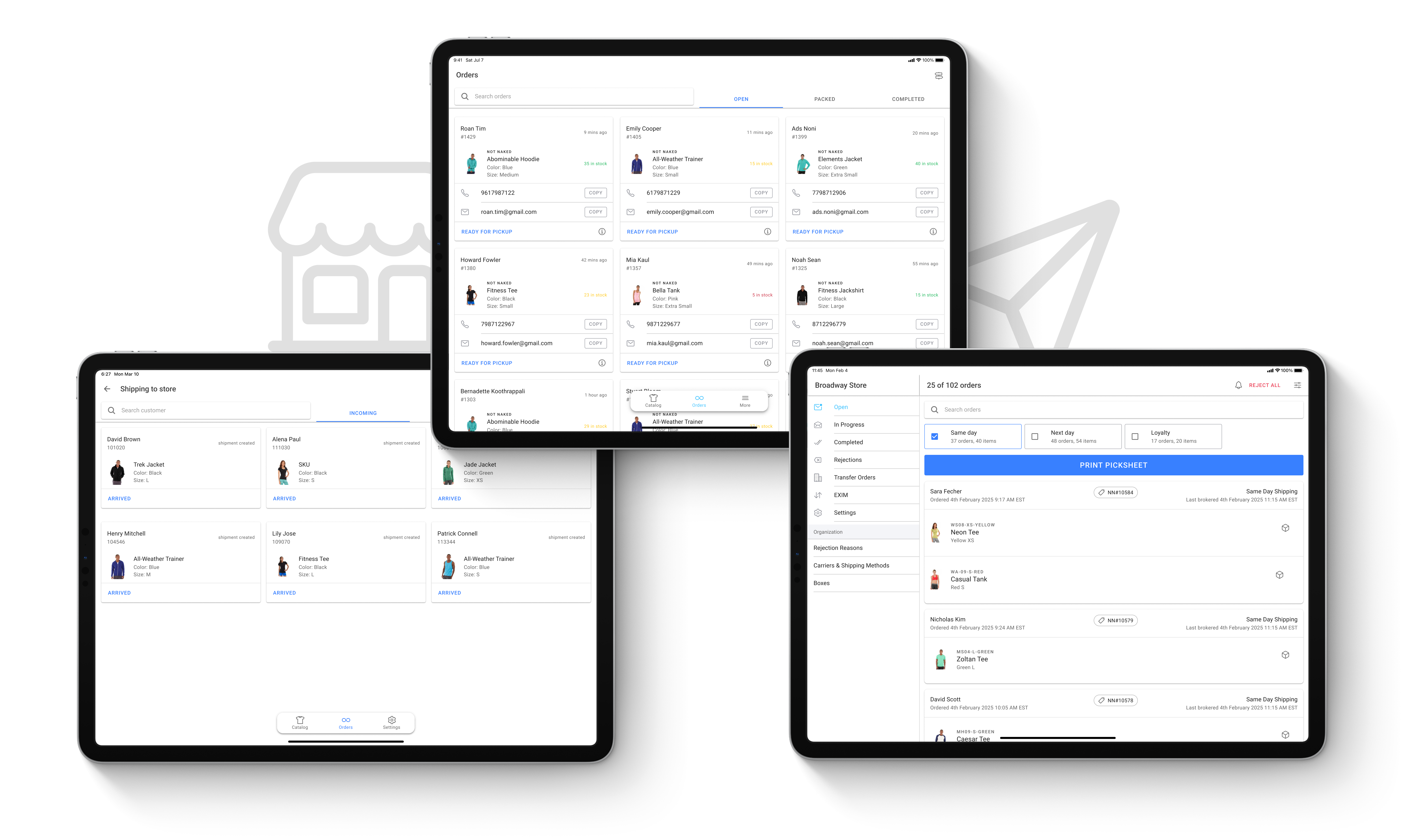 Tablets displaying dashboards for ship from store, buy online pick up in store, and shipping to store