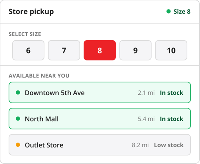 HotWax Commerce product detail page showing store-level footwear availability and pickup location options for try-before-buy