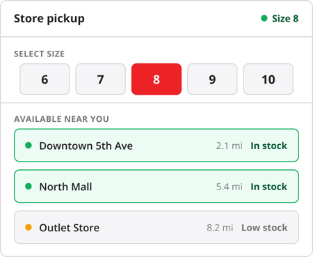 HotWax Commerce product detail page showing store-level footwear availability and pickup location options for try-before-buy