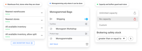 Luggage order routing to the nearest location, monogramming to capable workshops, with store capacity limits