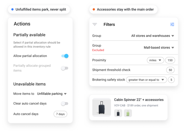 Routing settings that keep luggage accessories with the main order instead of splitting the shipment