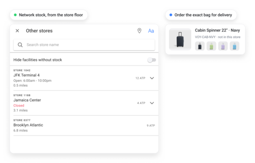 Endless aisle lookup showing which nearby store holds the bag in stock so an associate can order it for delivery