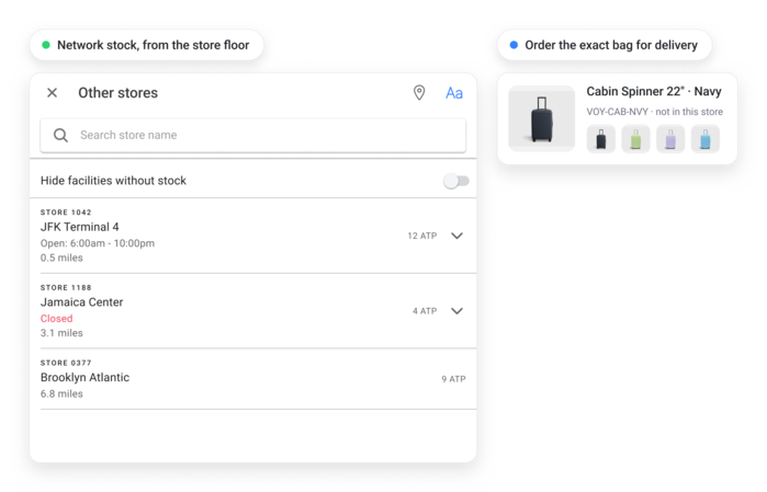 Endless aisle lookup showing which nearby store holds the bag in stock so an associate can order it for delivery