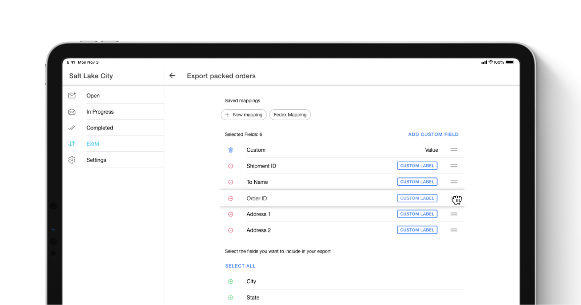 Export packed orders CSV fields edited on a tablet, in the HotWax Commerce October 2023 release