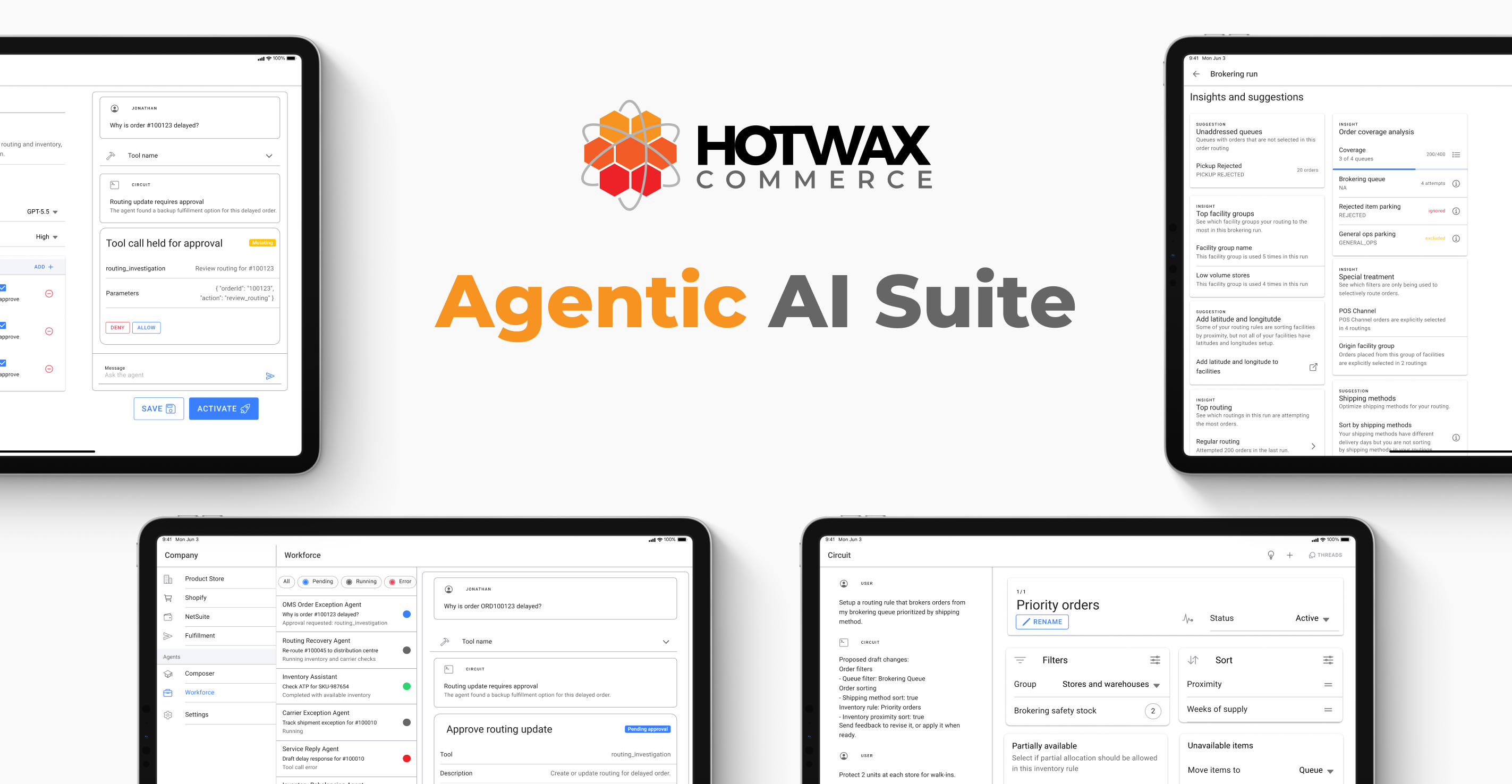 HotWax Commerce Agentic AI Suite shown on tablet screens, press release banner