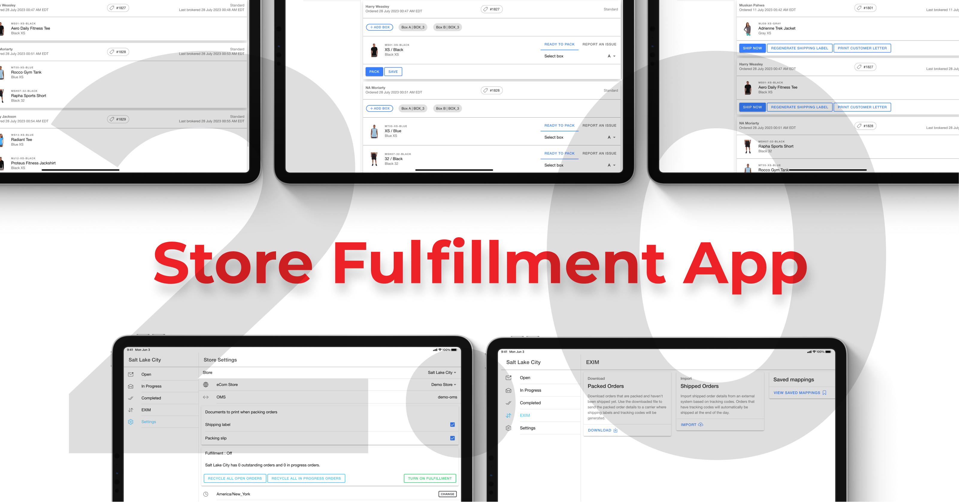 Store Fulfillment App 2.0 launch with screens on tablets, in the HotWax Commerce July 2023 release