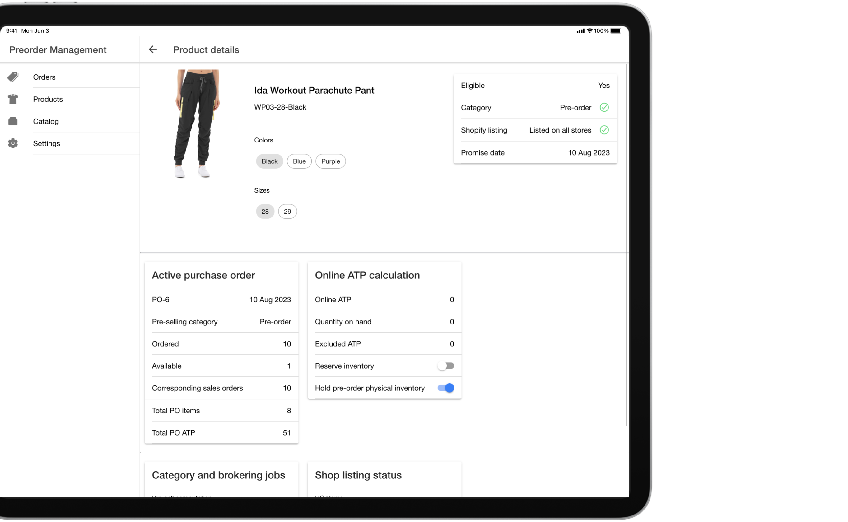 Pre-order catalog dashboard on a tablet for auditing products, in the HotWax Commerce July 2023 release