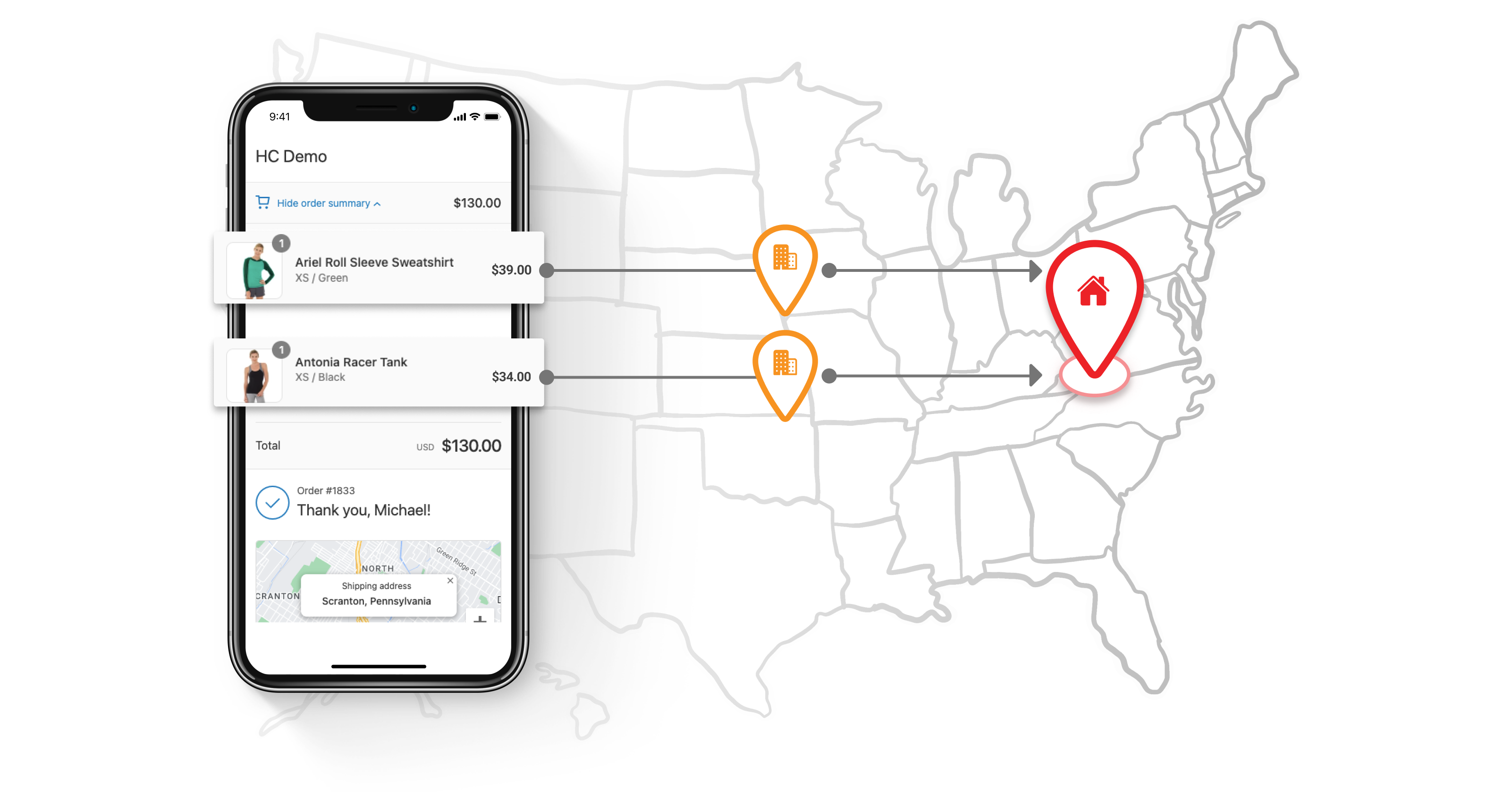 Phones and a US map showing Shopify fulfillment orders routed to stores, in the HotWax Commerce July 2023 release