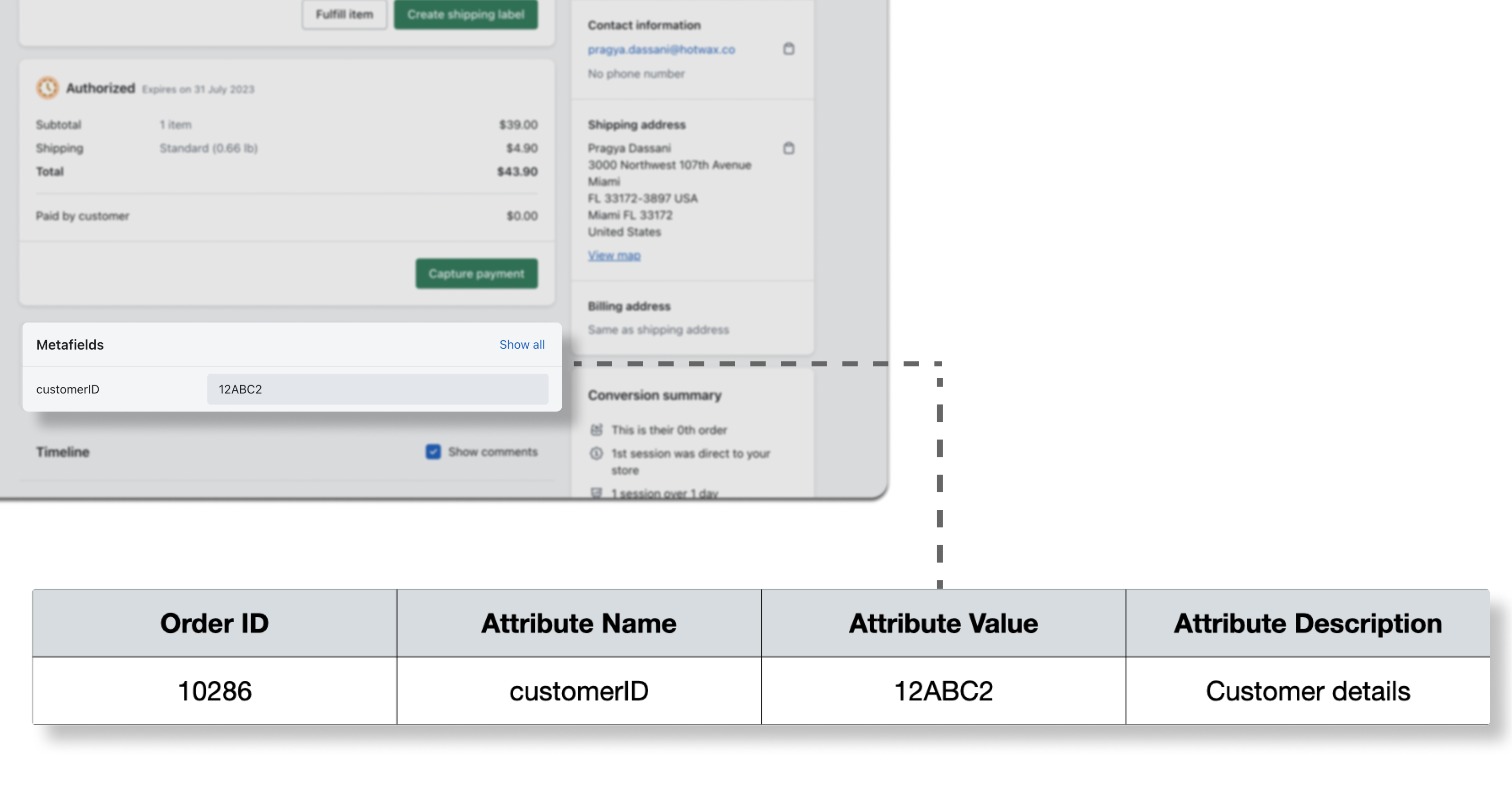 Shopify order metafields saved as order attributes in a table, in the HotWax Commerce July 2023 release