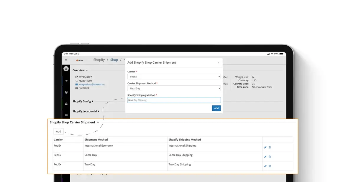 Shopify shop shipment methods managed on a tablet, in the HotWax Commerce November and December 2023 release