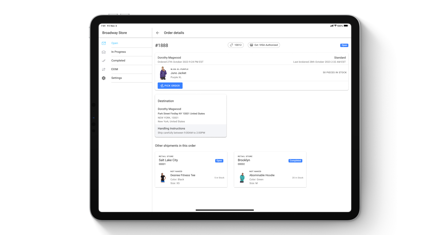 Fulfillment App order detail page on a tablet, in the HotWax Commerce October 2023 release