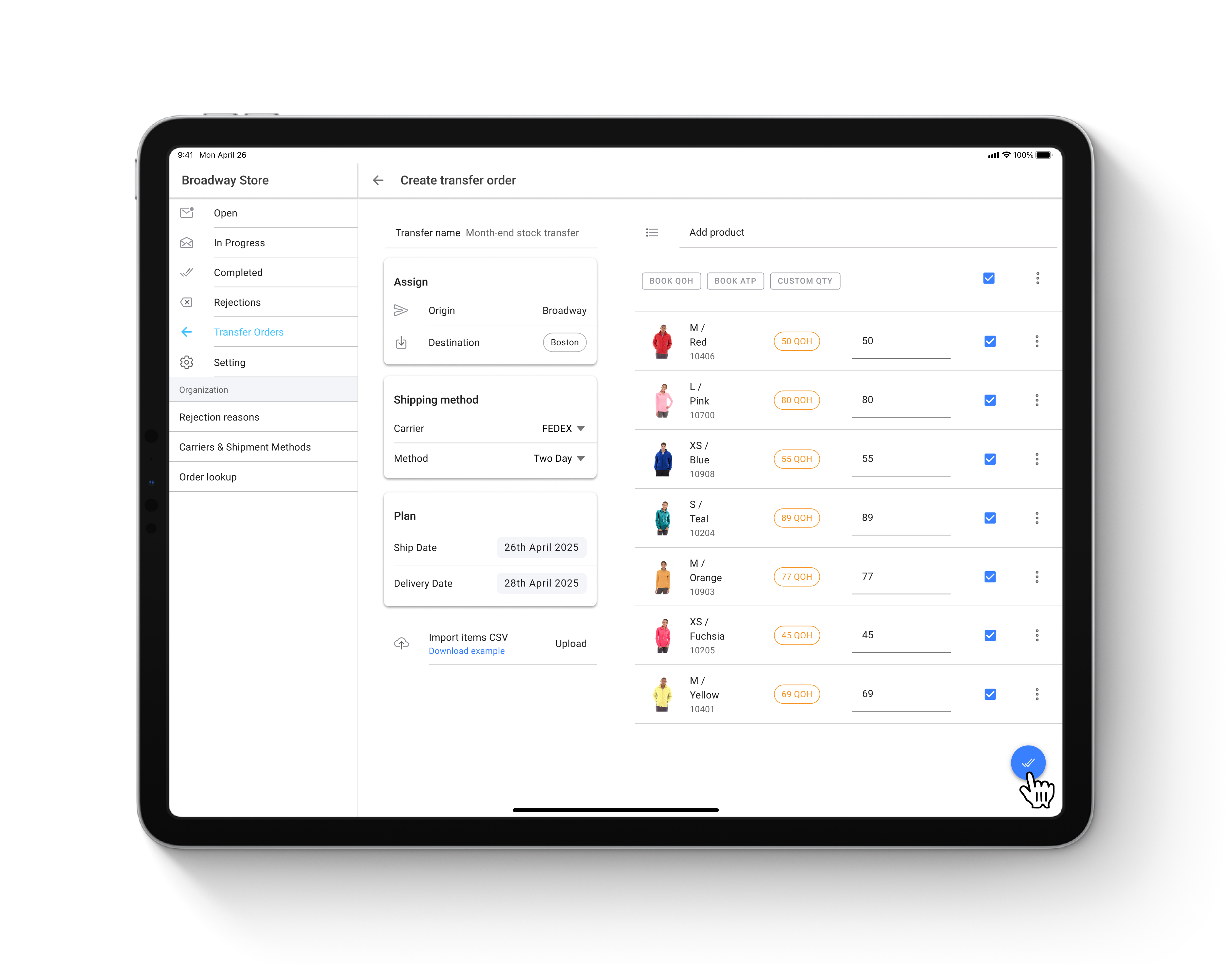Fulfillment App on a tablet, creating a transfer order from the store, in the HotWax Commerce April 2025 release