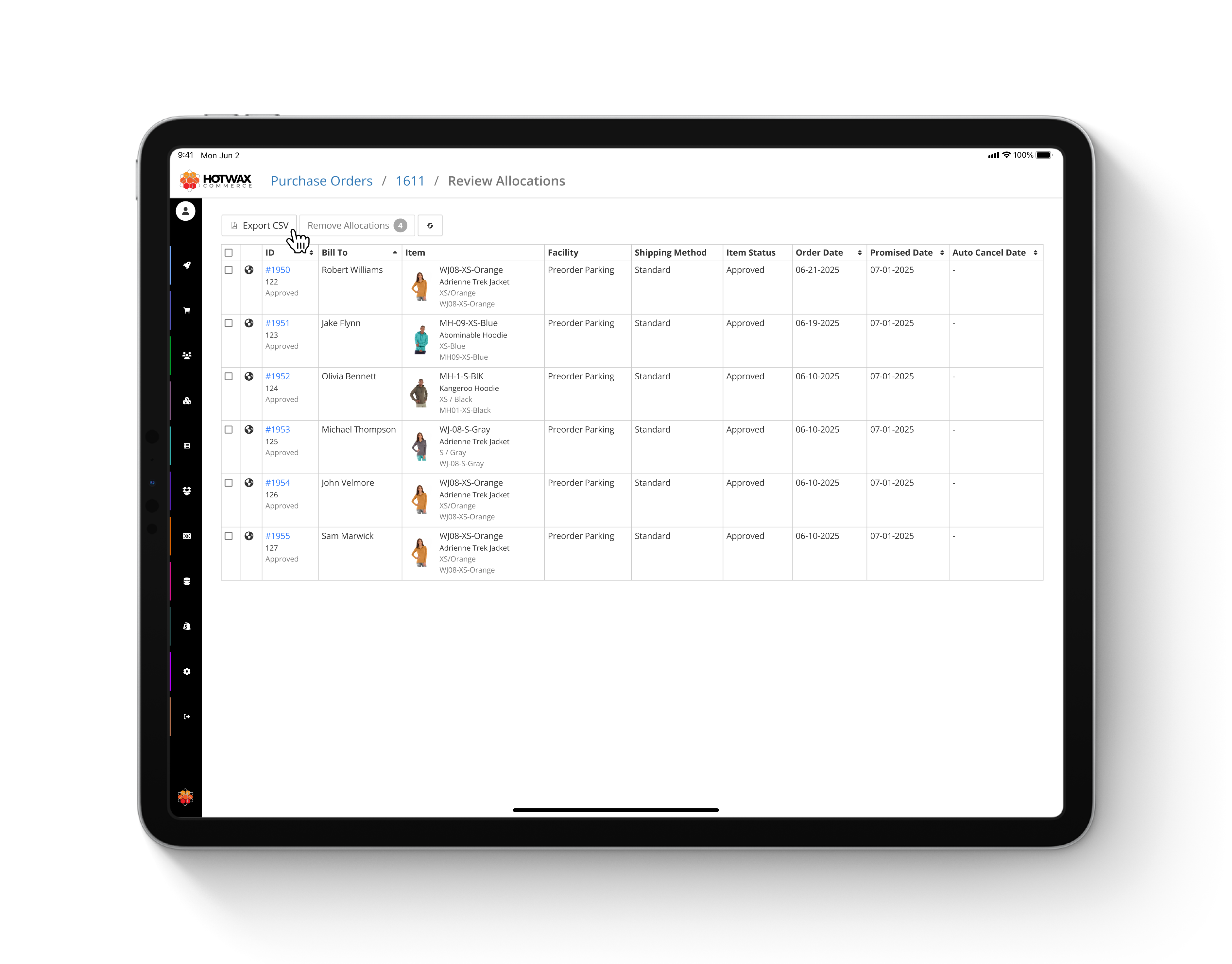Tablet showing a CSV export of pre-orders tied to a purchase order, in the HotWax Commerce June 2025 release