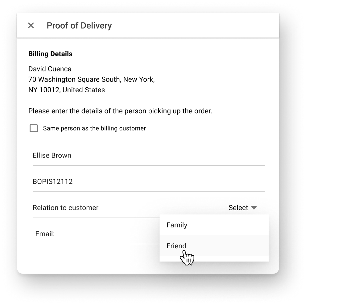 Proof of delivery form capturing who picked up the order, in the HotWax Commerce November 2025 release