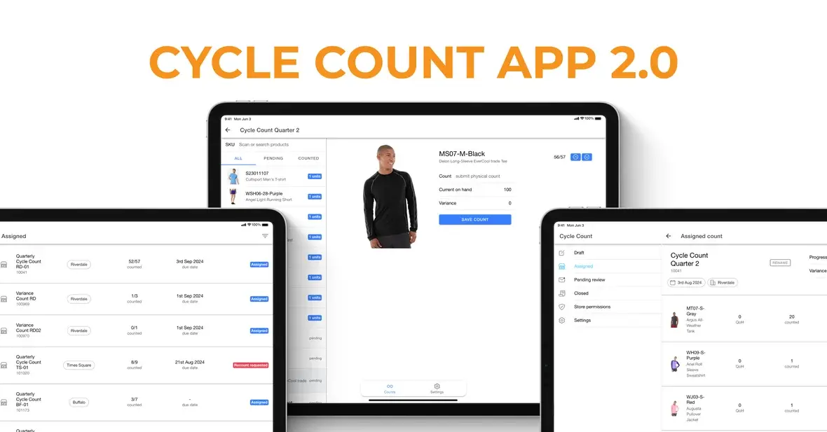 Cycle Count App 2.0 on tablets and a laptop, in the HotWax Commerce August 2024 release