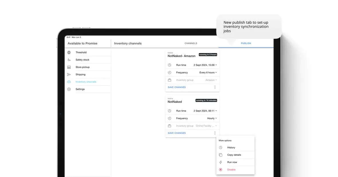 Inventory sync jobs on a tablet for channel inventory, in the HotWax Commerce August 2024 release