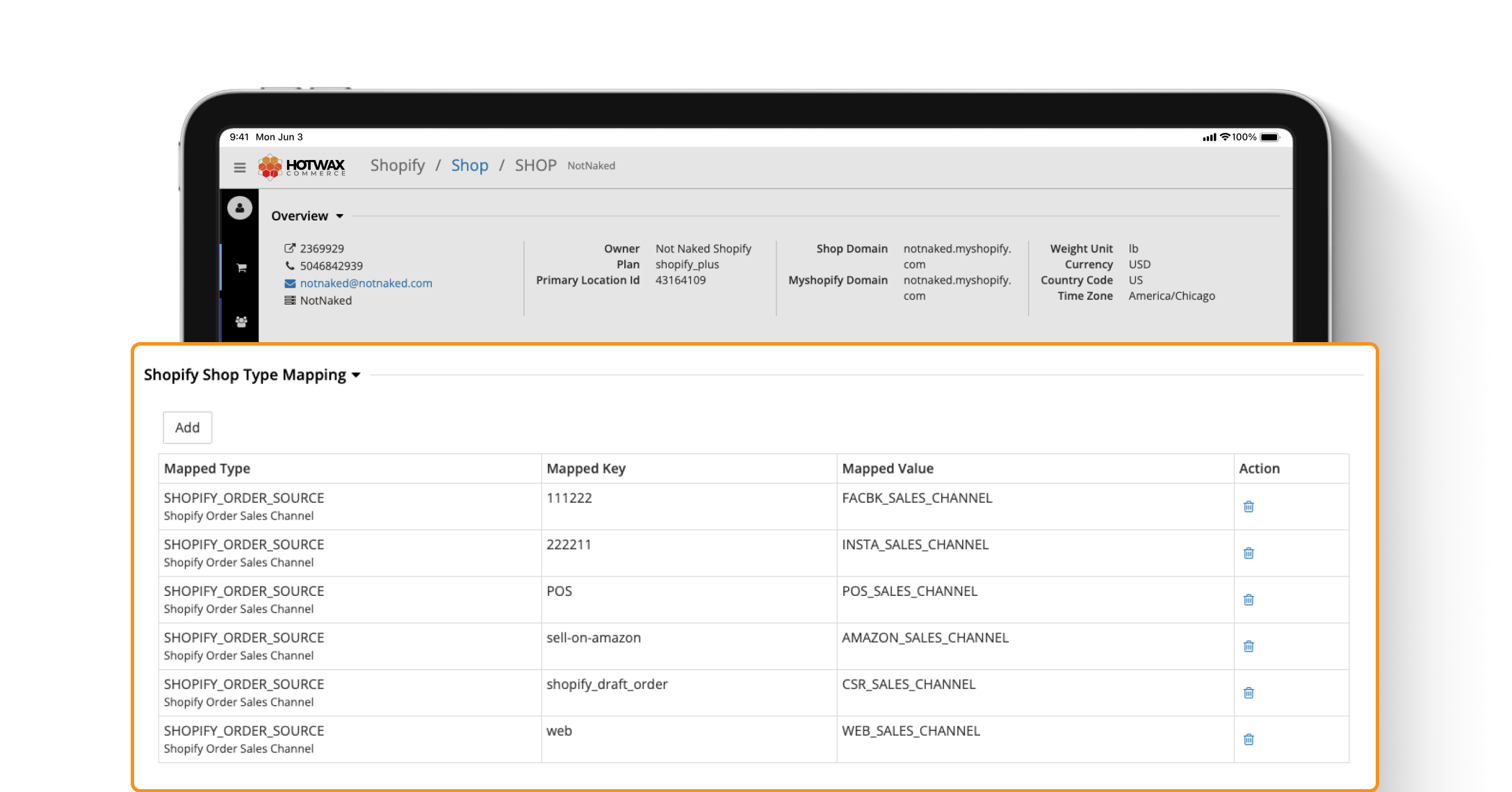 Sales channels mapped to order sources in a table, in the HotWax Commerce October 2023 release