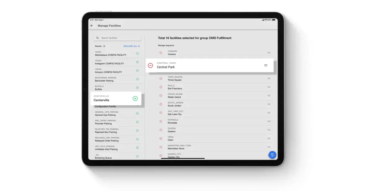 Facilities sequenced within a facility group on a tablet, in the HotWax Commerce August 2024 release