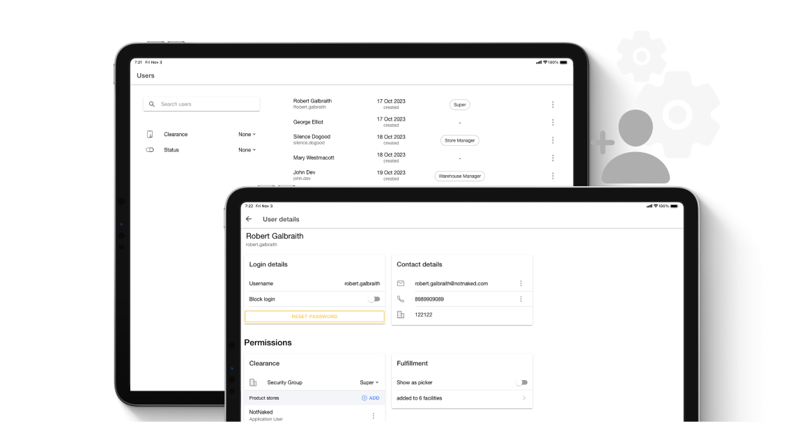 User Management App on tablets for creating and managing users, in the HotWax Commerce October 2023 release