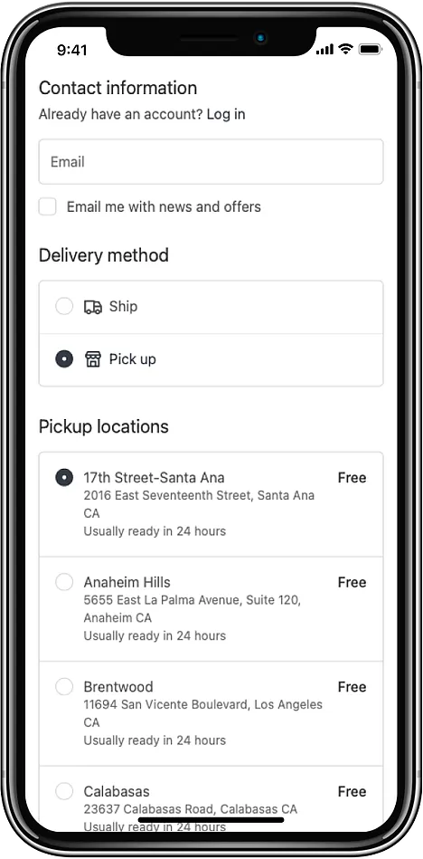 Showing a list of all the stores for pick-up on the checkout page is a big no-no!